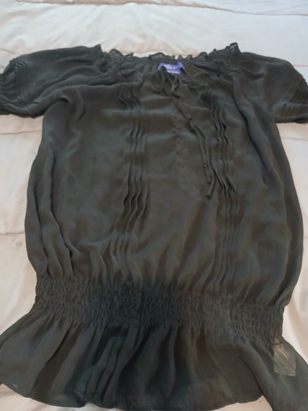 Y2K Miley Cyrus & Max Azria Sheer Black Pleated Peasant Top with Smocked Waist L